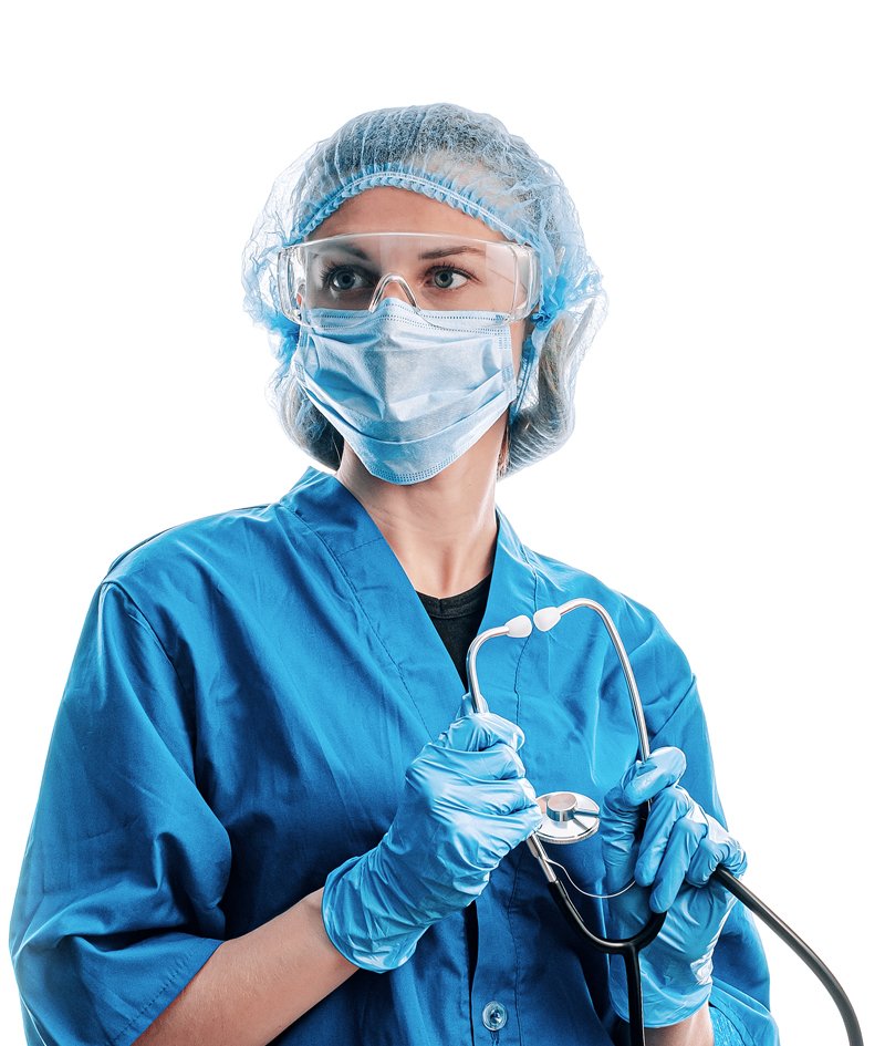 Female doctor with nitrile medical gloves, face mask, eye protection, medical gown. 